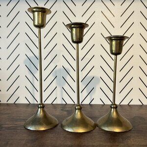 Vintage Set of 3 Brass Candlestick Holders Art Deco Revival Glam Home Decor MCM